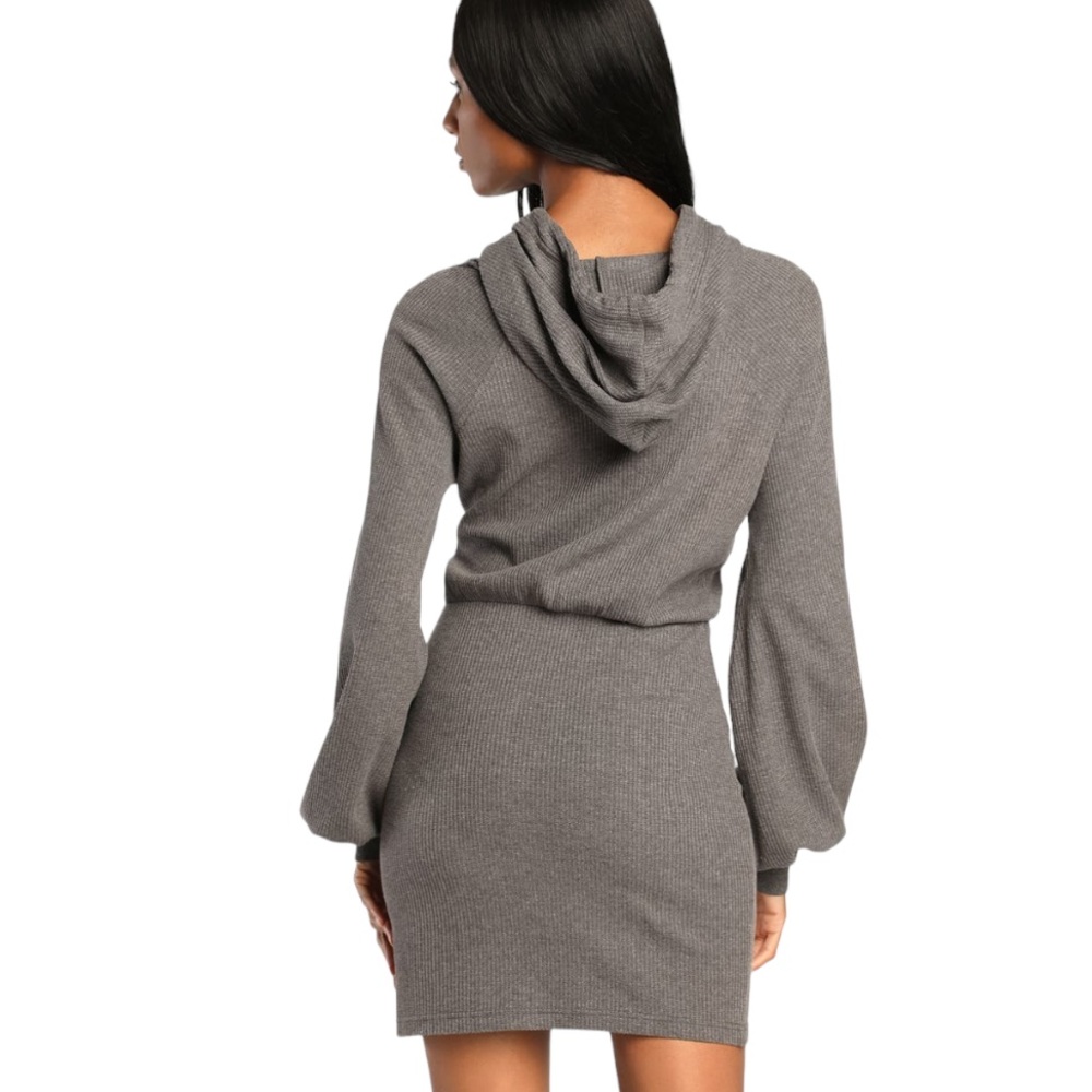 Lulus Upbeat Energy Heather Grey Waffle Knit Hooded Sweatshirt Dress W-829 Sz L - Picture 3 of 14